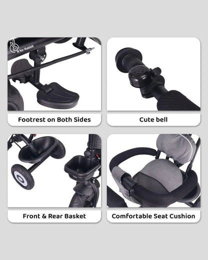 R for Rabbit Tiny Toes T40 Plus Tricycle-360 Degree Rotatable Seat-Adjustable Canopy-1.5Y to 5Y (Upto 25Kg)-Grey Black