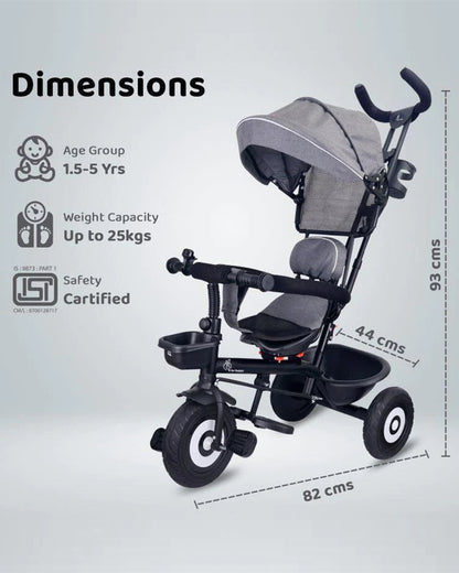 R for Rabbit Tiny Toes T40 Plus Tricycle-360 Degree Rotatable Seat-Adjustable Canopy-1.5Y to 5Y (Upto 25Kg)-Grey Black