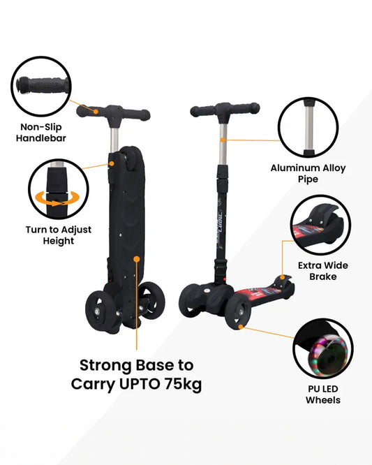 R for Rabbit Road Runner Baby Scooter-4 Level Height Adjustment-With PU LED Wheels-3Y to 7Y (Upto 75Kg)-Black