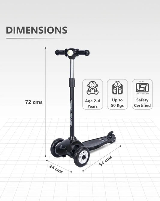 R for Rabbit Road Runner Junior Baby Scooter-3 Level Height Adjustment-Anti Slip Deck-2Y to 4Y (Upto 50Kg)-Black