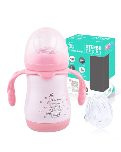 R for Rabbit Steebo Teddy Stainless Steel Feeding Bottle-Pink-Double Wall Insulated-With Soft Silicone Spout-210 ml