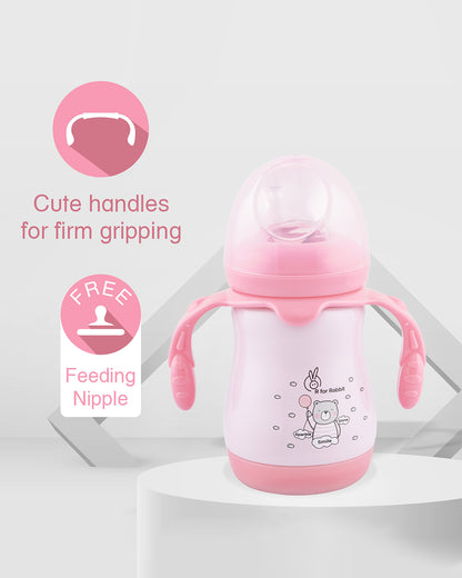 R for Rabbit Steebo Teddy Stainless Steel Feeding Bottle-Pink-Double Wall Insulated-With Soft Silicone Spout-210 ml