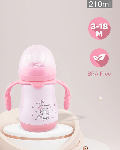 R for Rabbit Steebo Teddy Stainless Steel Feeding Bottle-Pink-Double Wall Insulated-With Soft Silicone Spout-210 ml