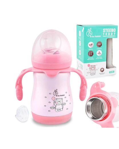 R for Rabbit Steebo Teddy Stainless Steel Feeding Bottle-Pink-Double Wall Insulated-With Soft Silicone Spout-210 ml