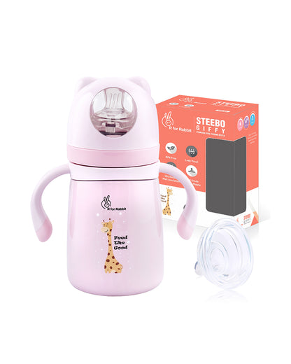 R for Rabbit Steebo Giffy Stainless Steel Feeding Bottle-Pink-Double Wall Insulated-With Soft Silicone Spout-300 ml