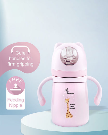 R for Rabbit Steebo Giffy Stainless Steel Feeding Bottle-Pink-Double Wall Insulated-With Soft Silicone Spout-300 ml