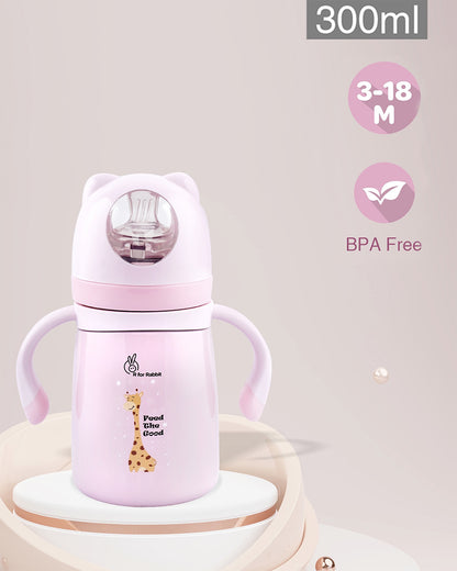 R for Rabbit Steebo Giffy Stainless Steel Feeding Bottle-Pink-Double Wall Insulated-With Soft Silicone Spout-300 ml