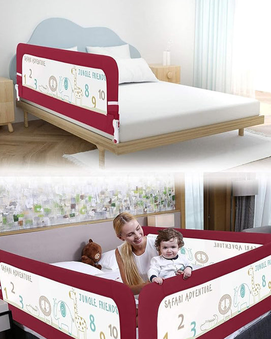 R for Rabbit Safeguard Animal Print Bed Rail Guard for Infants-Easy Side Fold-6ft length x 2.3ft height-Red