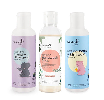 Windmill Baby Natural Cleaning Travel Pack-With Laundry Detergent, Handwash Soap, Bottle and Dish Wash-Infant Safe