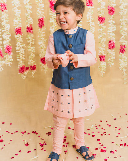 Tiber Taber Pink Kurta Jacket Set-Embroidered-Cotton-For Infants