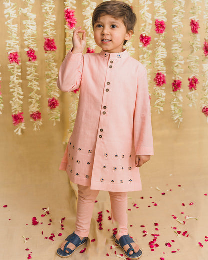 Tiber Taber Pink Kurta Jacket Set-Embroidered-Cotton-For Infants