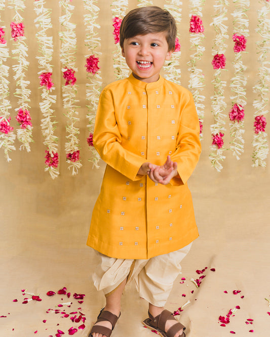 Tiber Taber Yellow Kurta Dhoti Set-Embroidered-Cotton-For Infants