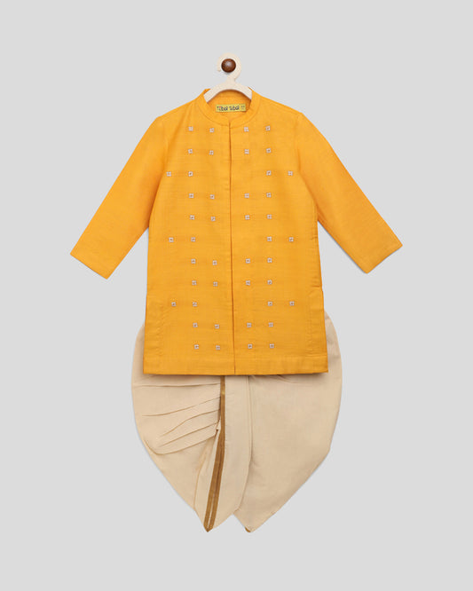 Tiber Taber Yellow Kurta Dhoti Set-Embroidered-Cotton-For Infants