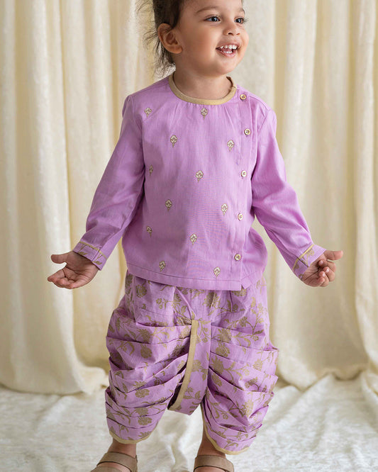 Tiber Taber Purple Kurta Dhoti Set-Embroidered-Cotton-For Infants