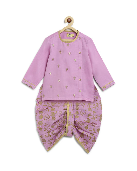 Tiber Taber Purple Kurta Dhoti Set-Embroidered-Cotton-For Infants