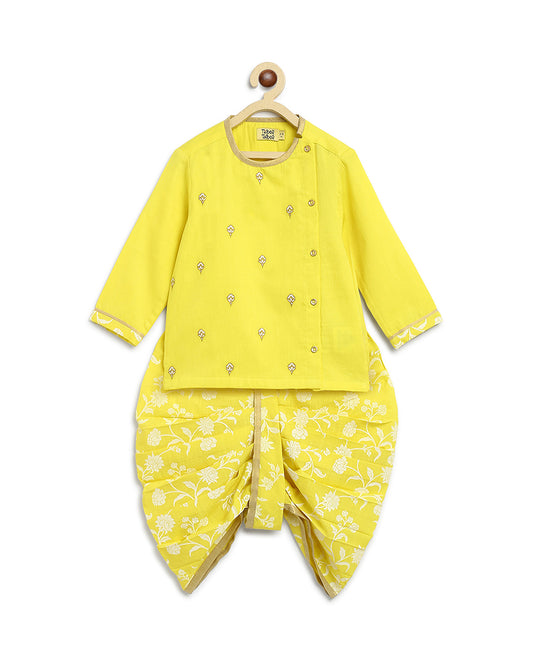 Tiber Taber Pastel Yellow Kurta Dhoti Set-Embroidered-Cotton-For Infants