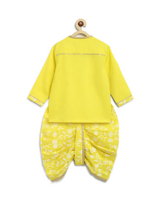 Tiber Taber Pastel Yellow Kurta Dhoti Set-Embroidered-Cotton-For Infants