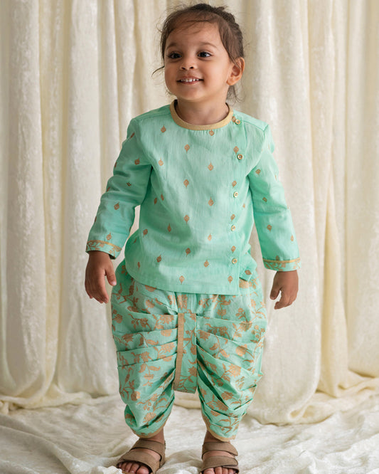 Tiber Taber Green Kurta Dhoti Set-Embroidered-Cotton-For Infants