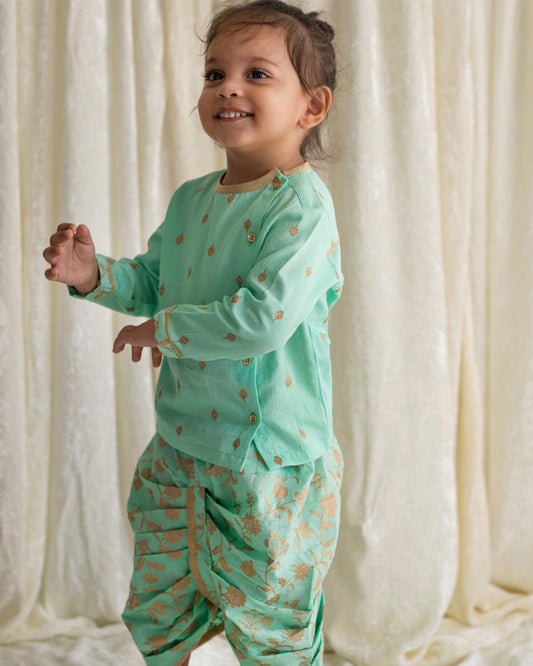 Tiber Taber Green Kurta Dhoti Set-Embroidered-Cotton-For Infants