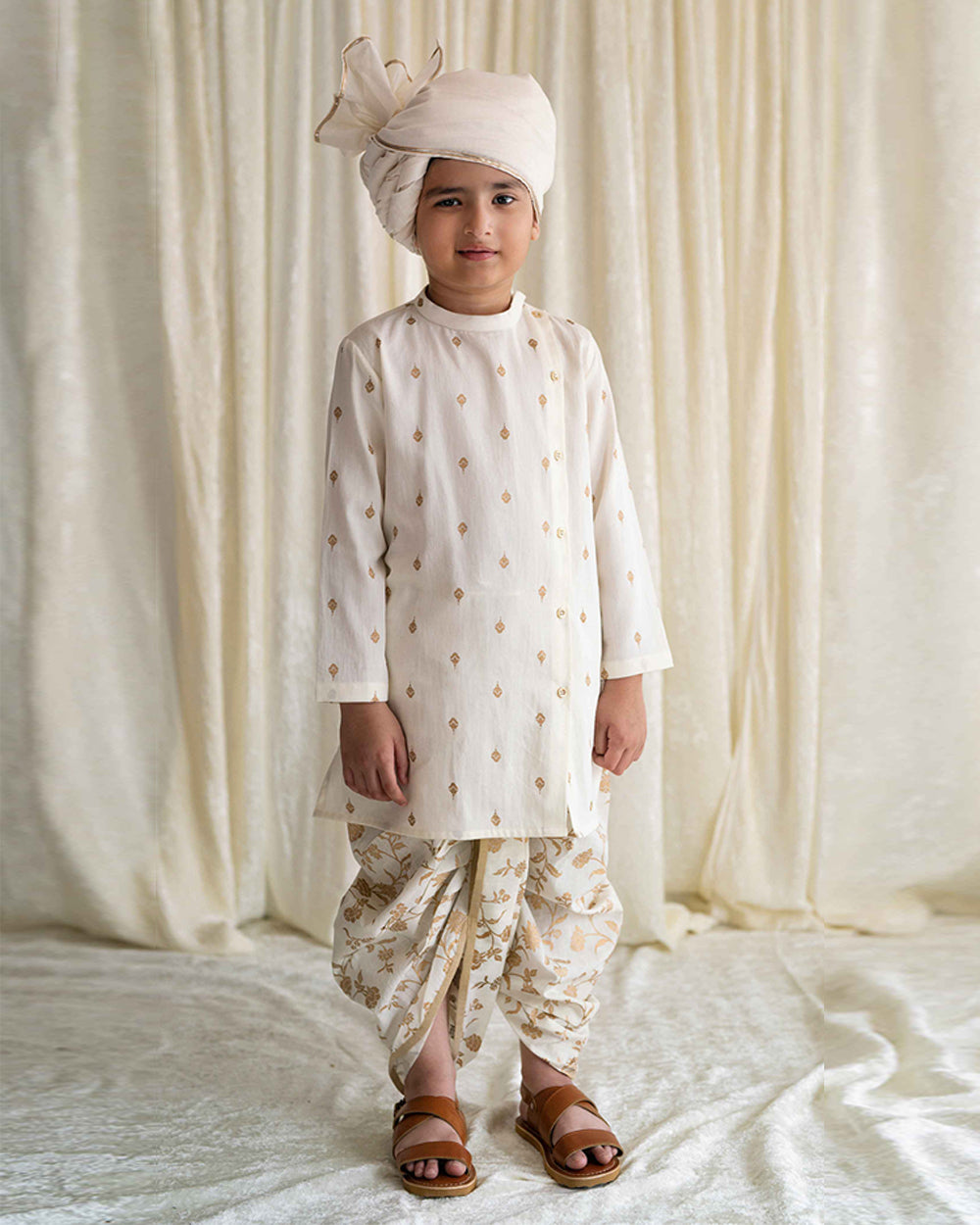 Tiber Taber Cream Kurta Dhoti Set-Printed-Cotton-For Infants-Extra