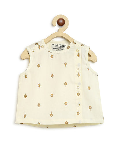 Tiber Taber Cream Jhabla and Pajama Set-Golden Printed-Cotton-For Infants