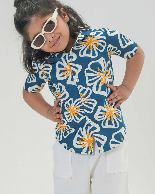 Tiber Taber Blue Shirt-Poppy Print-Cotton-For Infants