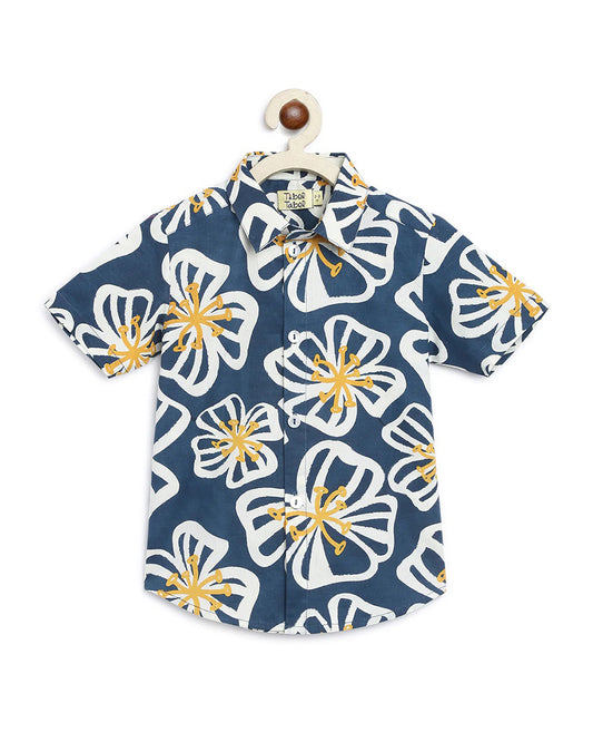 Tiber Taber Blue Shirt-Poppy Print-Cotton-For Infants