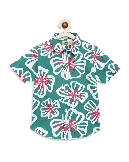 Tiber Taber Green Shirt-Poppy Print-Cotton-For Infants