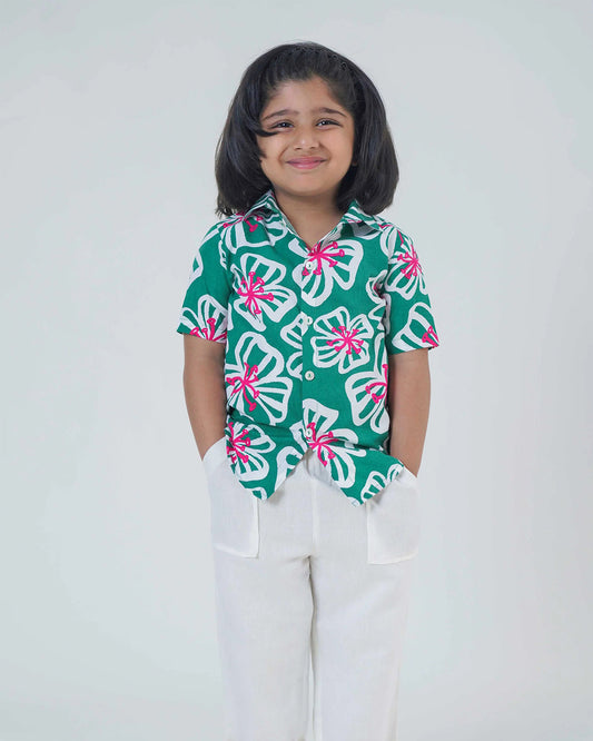 Tiber Taber Green Shirt-Poppy Print-Cotton-For Infants