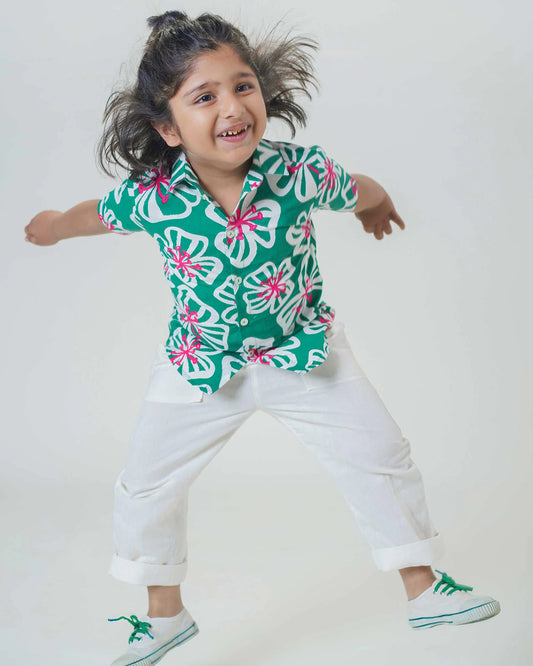 Tiber Taber Green Shirt-Poppy Print-Cotton-For Infants
