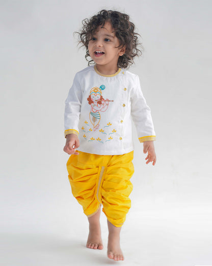 Tiber Taber White & Yellow Kurta Dhoti Set-Krishna Embroidered-Cotton-For Infants