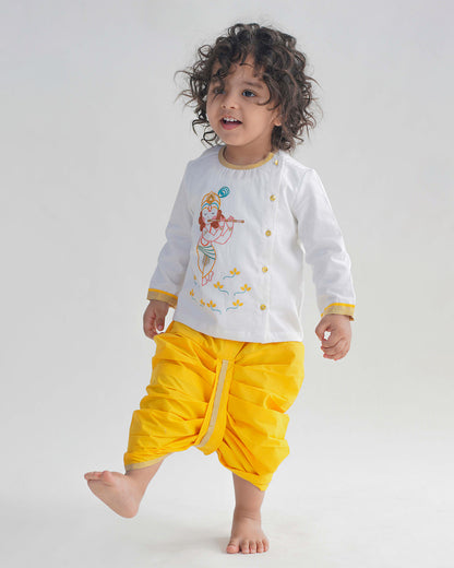 Tiber Taber White & Yellow Kurta Dhoti Set-Krishna Embroidered-Cotton-For Infants