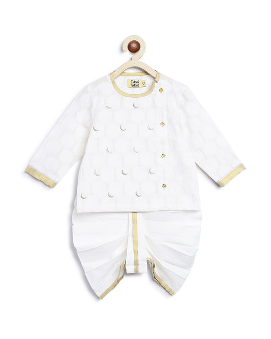 Tiber Taber White Kurta Dhoti Set-Moon Embroidered-Cotton-For Infants