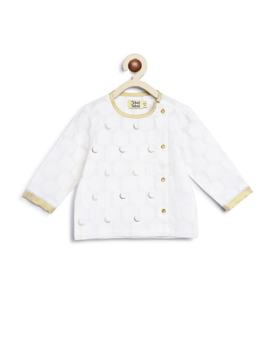 Tiber Taber White Kurta Dhoti Set-Moon Embroidered-Cotton-For Infants