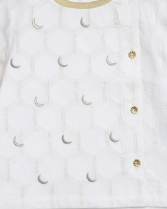 Tiber Taber White Kurta Dhoti Set-Moon Embroidered-Cotton-For Infants
