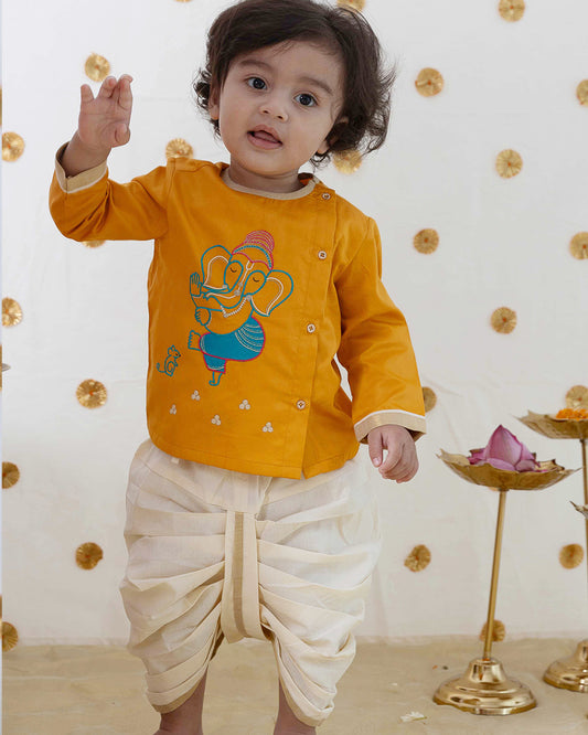 Tiber Taber Mustard & White Kurta Dhoti Set-Ganesha Embroidered-Cotton-For Infants