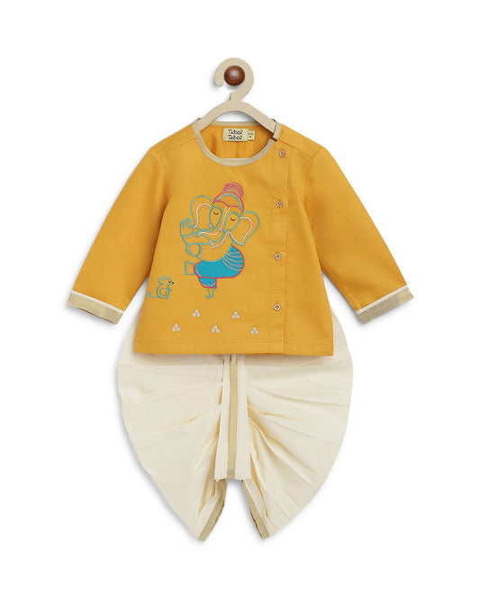 Tiber Taber Mustard & White Kurta Dhoti Set-Ganesha Embroidered-Cotton-For Infants