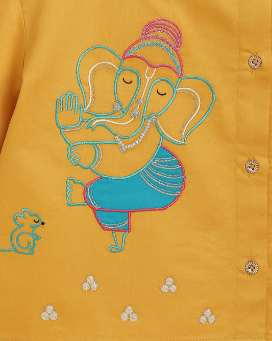 Tiber Taber Mustard & White Kurta Dhoti Set-Ganesha Embroidered-Cotton-For Infants