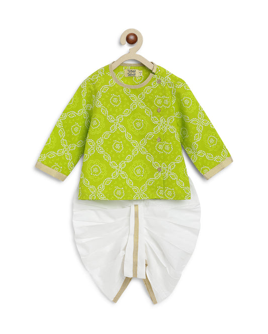 Tiber Taber Green Kurta Dhoti Set-Bandhani-Cotton-For Infants