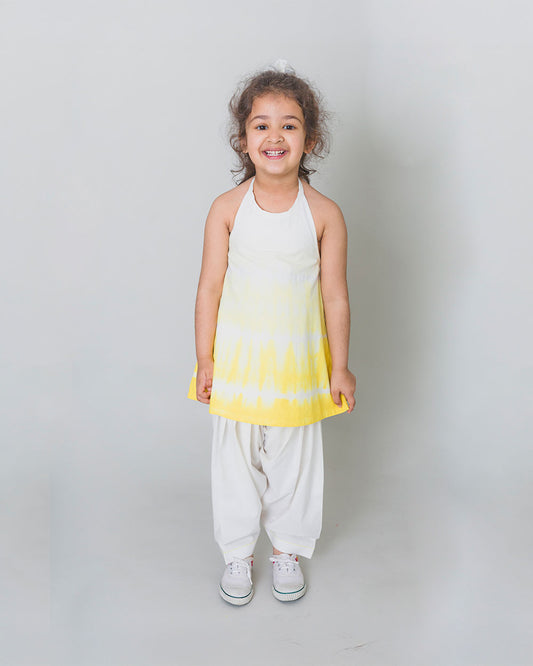 Tiber Taber Yellow Shibori Top Salwar Set-Tie Dye-Cotton-For Infants