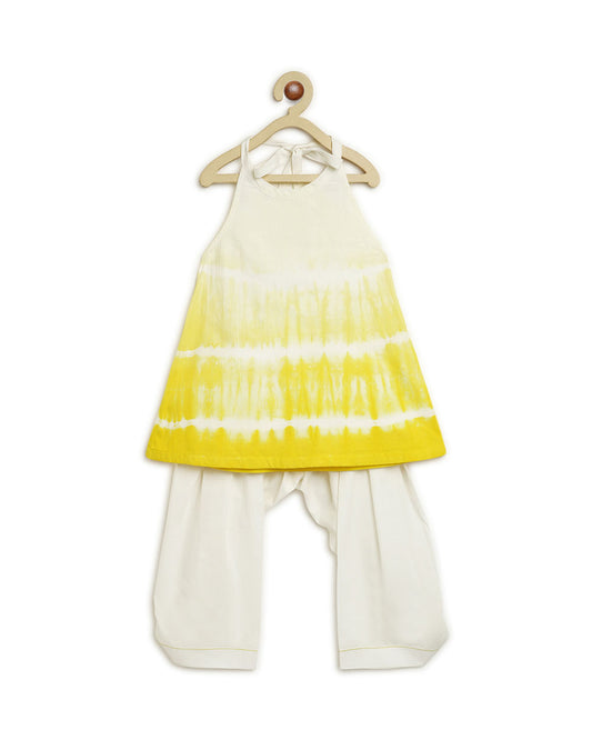 Tiber Taber Yellow Shibori Top Salwar Set-Tie Dye-Cotton-For Infants