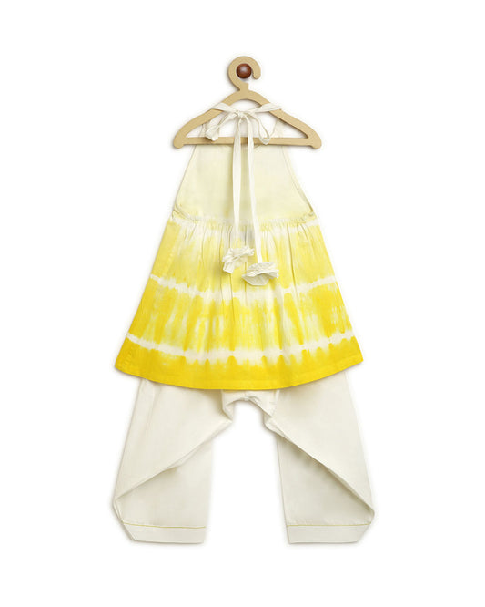 Tiber Taber Yellow Shibori Top Salwar Set-Tie Dye-Cotton-For Infants