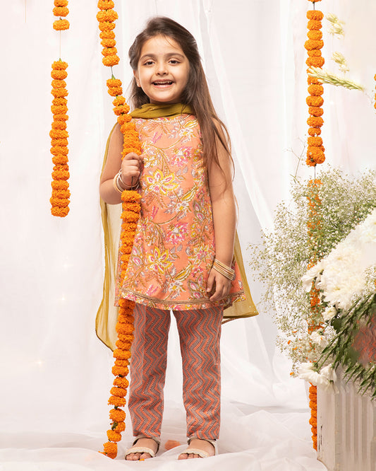 Tiber Taber Peach Suit Set-Floral-Cotton-For Infants