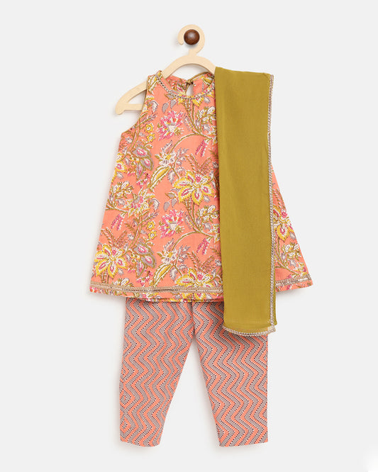 Tiber Taber Peach Suit Set-Floral-Cotton-For Infants
