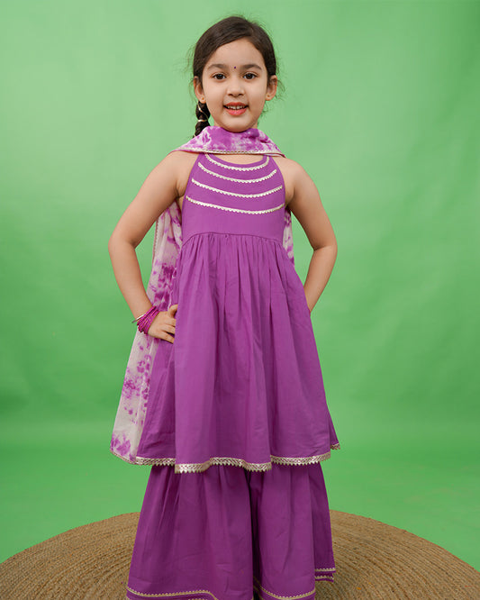 Tiber Taber Purple Kurti Sharara Set-Solid-Cotton-For Infants