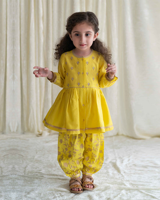 Tiber Taber Yellow Angrakha Pajama Set-Embroidered-Cotton-For Infants