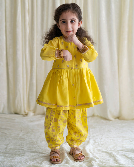 Tiber Taber Yellow Angrakha Pajama Set-Embroidered-Cotton-For Infants