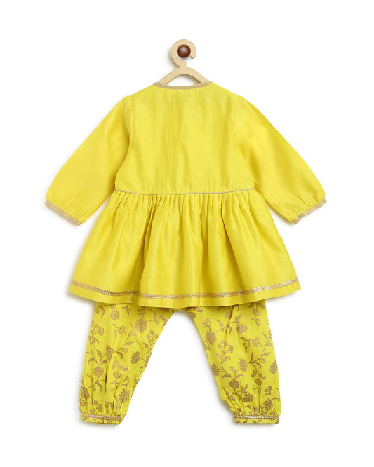 Tiber Taber Yellow Angrakha Pajama Set-Embroidered-Cotton-For Infants