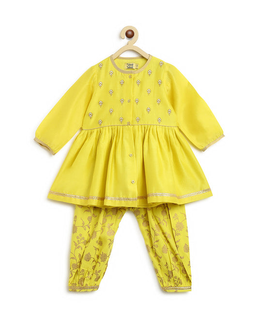 Tiber Taber Yellow Angrakha Pajama Set-Embroidered-Cotton-For Infants