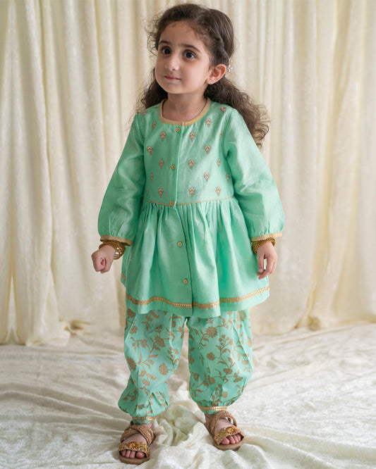 Tiber Taber Green Angrakha Pajama Set-Embroidered-Cotton-For Infants